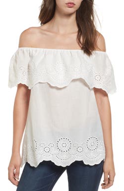 Womens White Eyelet Ruffle Off the Shoulder Top by BP (via All Style Mall)