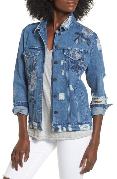 Main Image - Love, Fire Floral Embroidered Ripped Denim Jacket