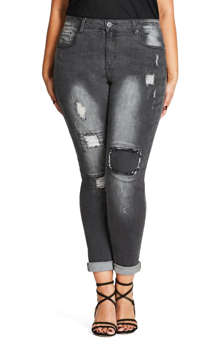City Chic Rip Patch Skinny Jeans Charcoal Plus Size