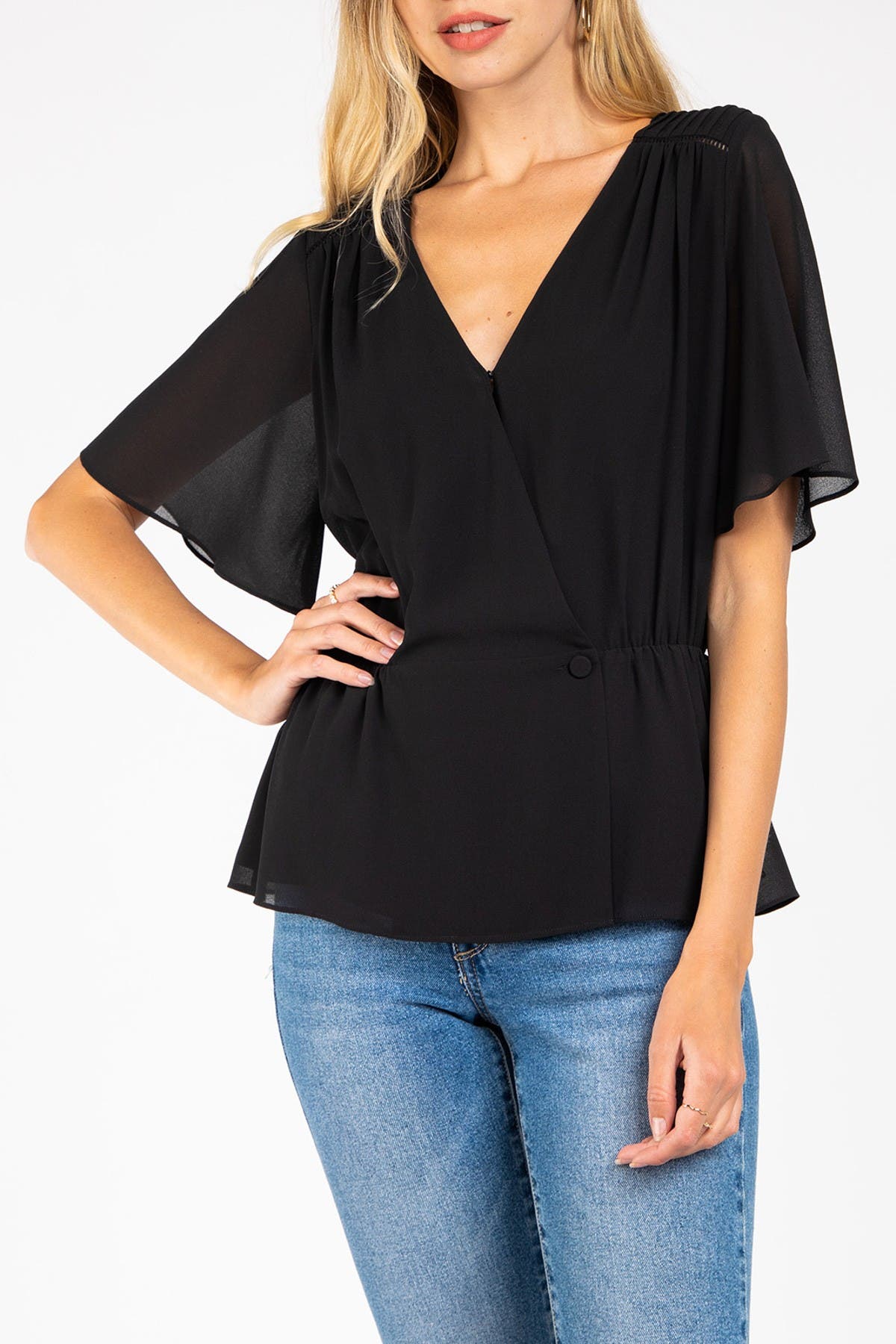 Naked Zebra Short Sleeve Wrap Blouse In Black Modesens