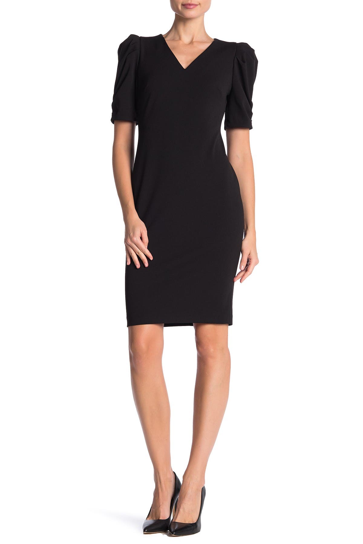 Calvin Klein Pleated Puff Sleeve V Neck Dress Nordstrom Rack