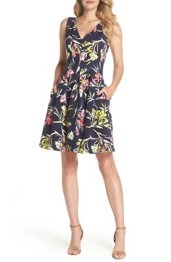 UPC 828659614313 product image for Women's Vince Camuto Floral Print Scuba Crepe Fit & Flare Dress, Size 14 - Blue | upcitemdb.com