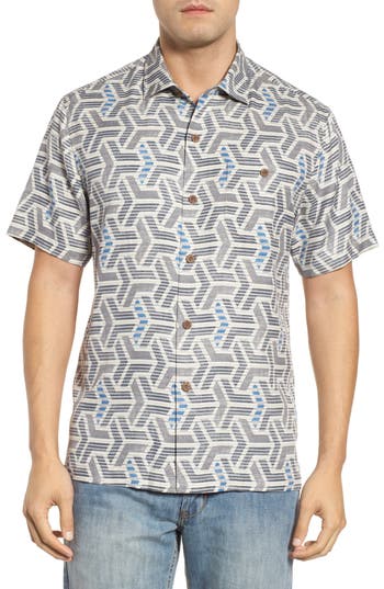 UPC 719260016927 product image for Men's Tommy Bahama Wellington Geometric Print Sport Shirt, Size Large - Grey | upcitemdb.com