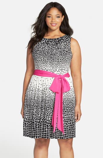 Eliza J Sash Tie Print Pleat Neck Fit & Flare Dress (Plus Size) | Nordstrom