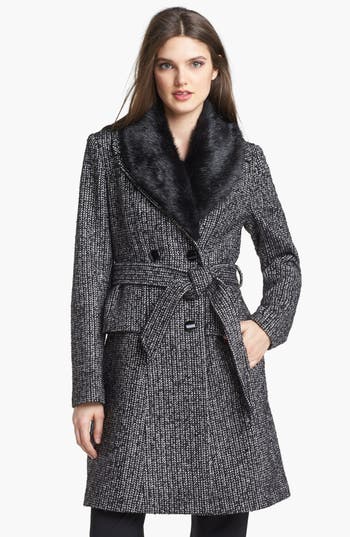 Ivanka Trump Belted Tweed Coat with Detachable Faux Fur Collar | Nordstrom