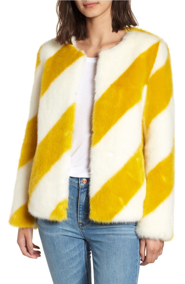 Collarless Chubby Faux Fur Jacket,
                        Main,
                        color, Ivory/ Marigold Stripe
