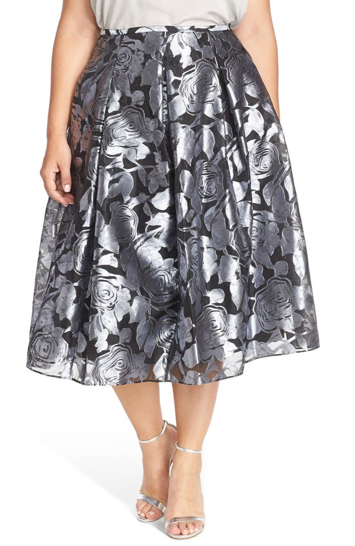 Alex Evenings Floral Print Pleated Tea Length Skirt (Plus Size) | Nordstrom