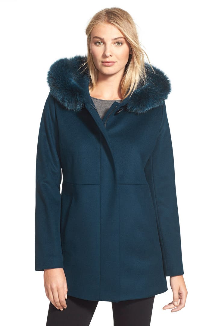 Sachi Genuine Fox Fur Trim Hooded Wool Blend Coat | Nordstrom