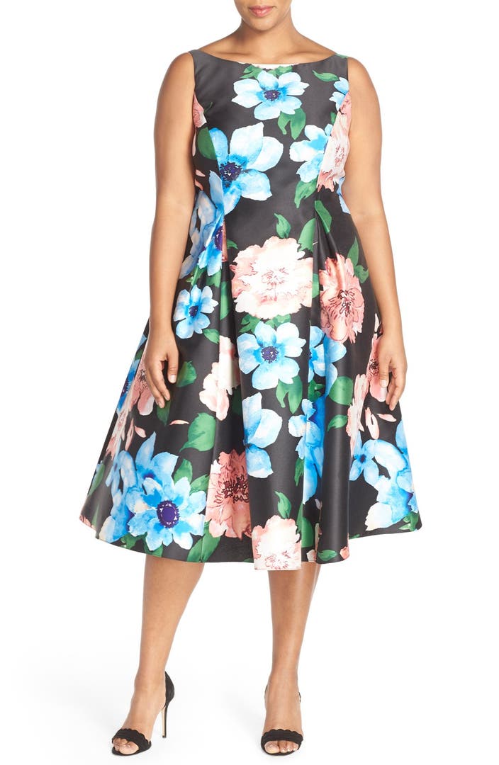 Adrianna Papell Floral Print Tea Length Dress (Plus Size) | Nordstrom