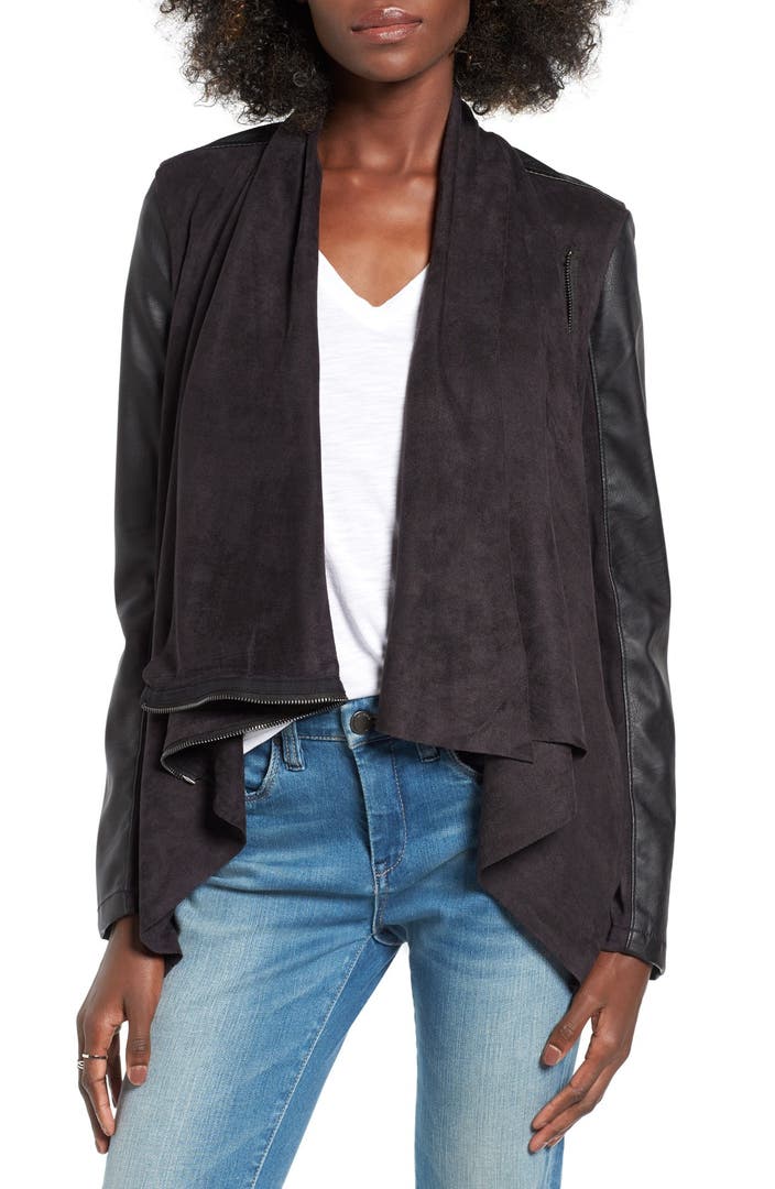 BLANKNYC Mixed Media Faux Leather Drape Front Jacket | Nordstrom