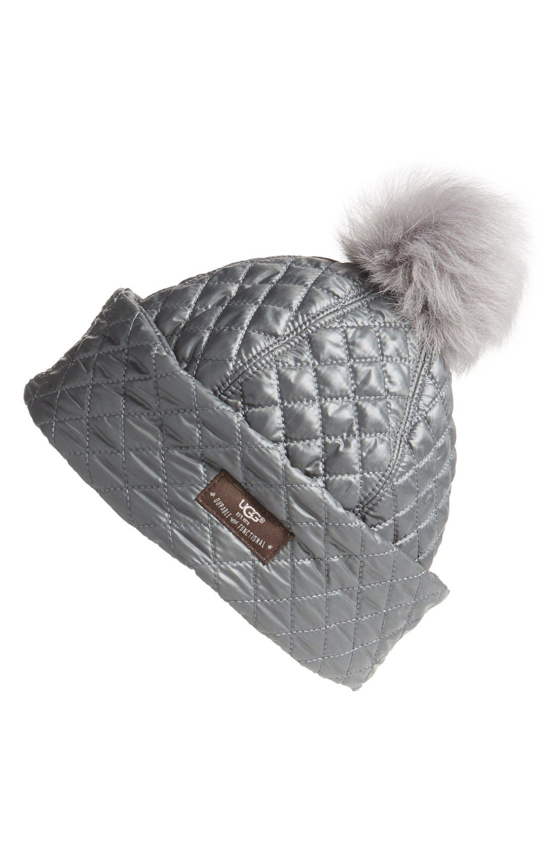 Ugg Australia Water Resistant Quilted Hat With Genuine Shearling Pompom