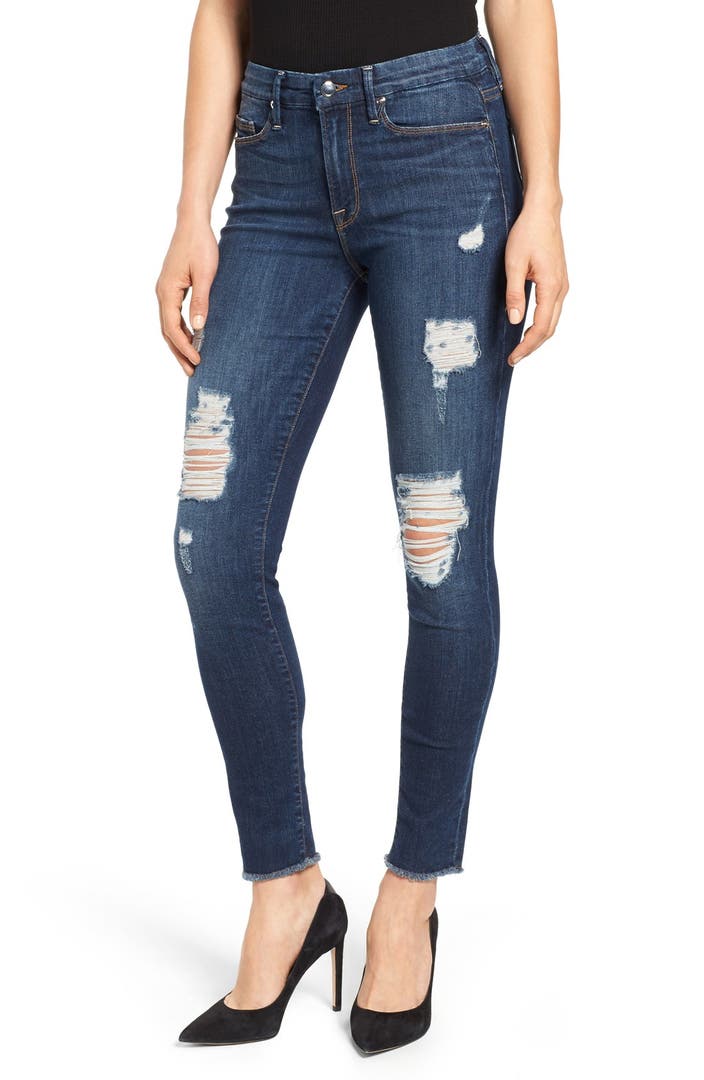 Good American Good Legs High Rise Ripped Skinny Jeans (Blue 003 ...