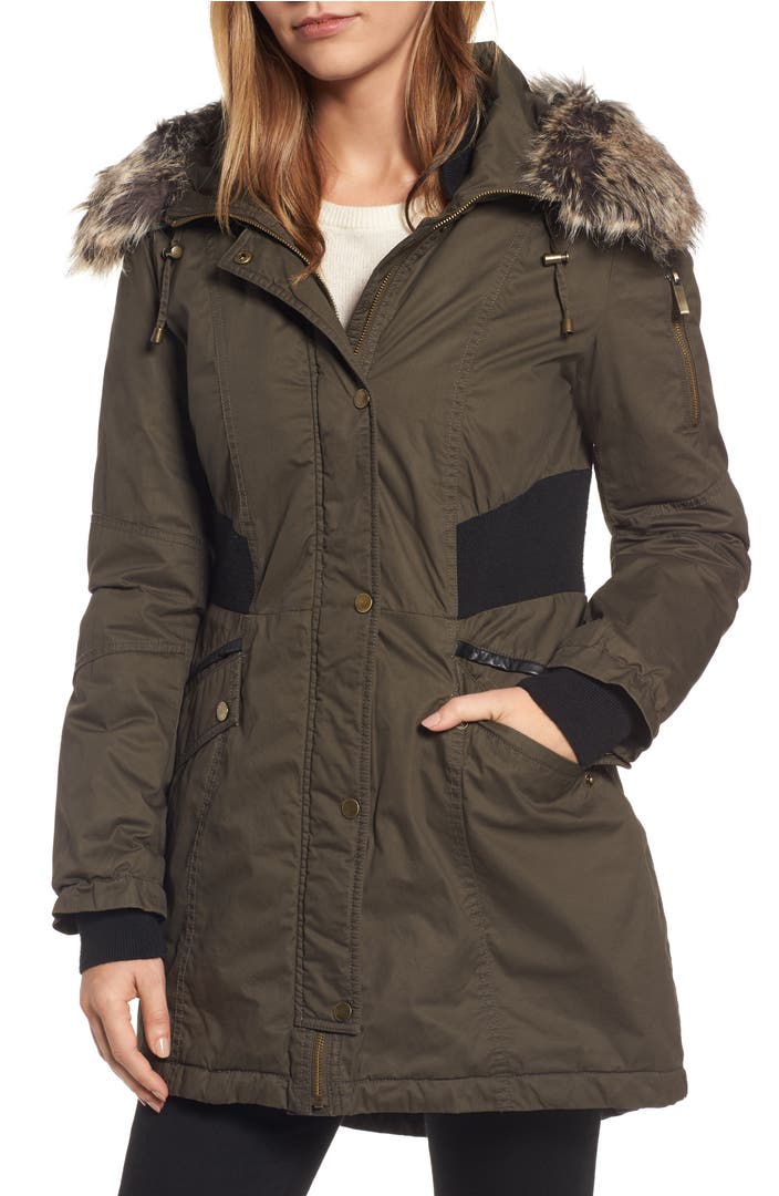 French Connection Mixed Media Parka with Faux Fur Trim Hood (Regular ...
