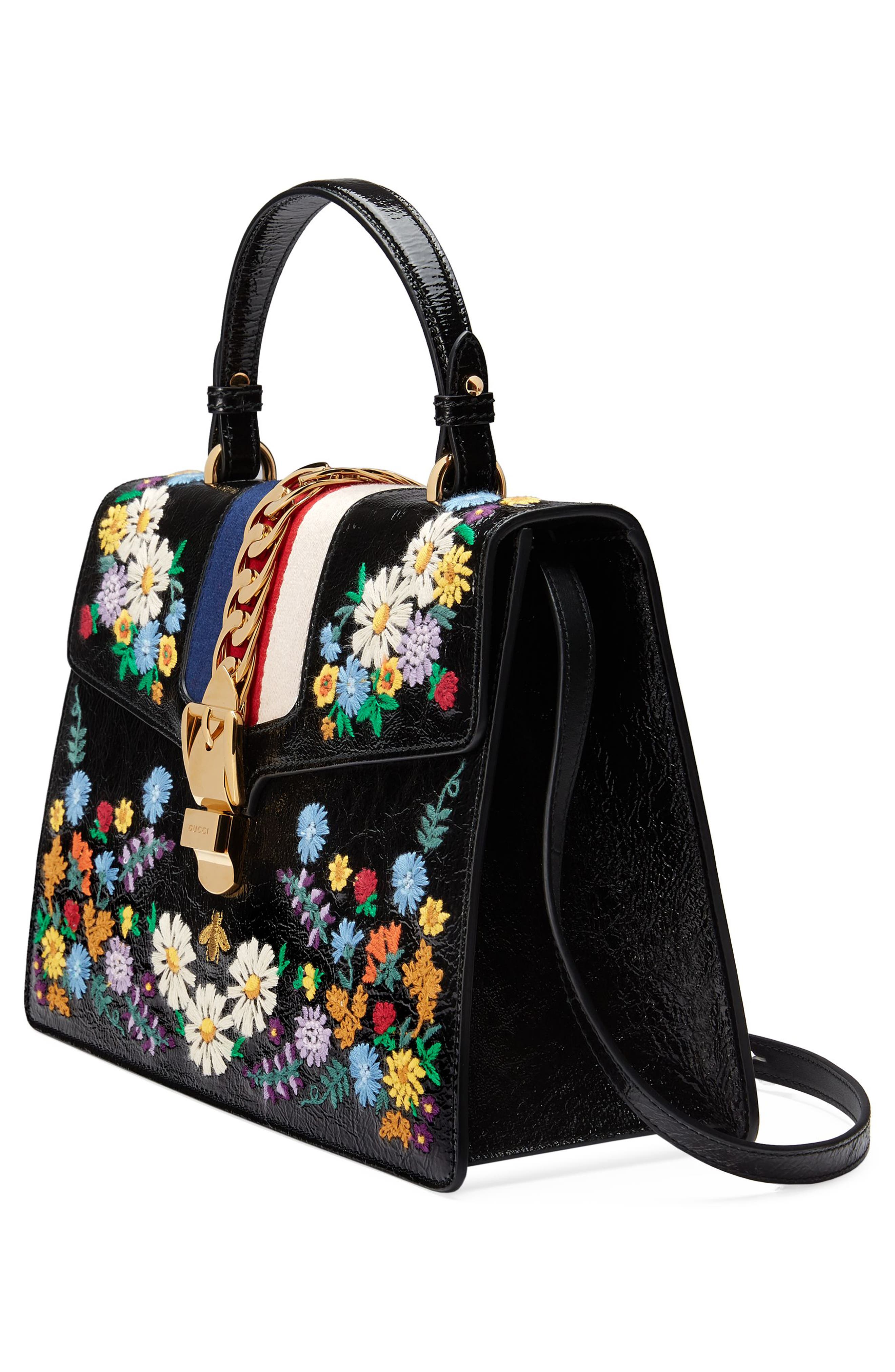GUCCI Medium Sylvie Floral Embroidered Top Handle Leather Shoulder Bag - Black | ModeSens