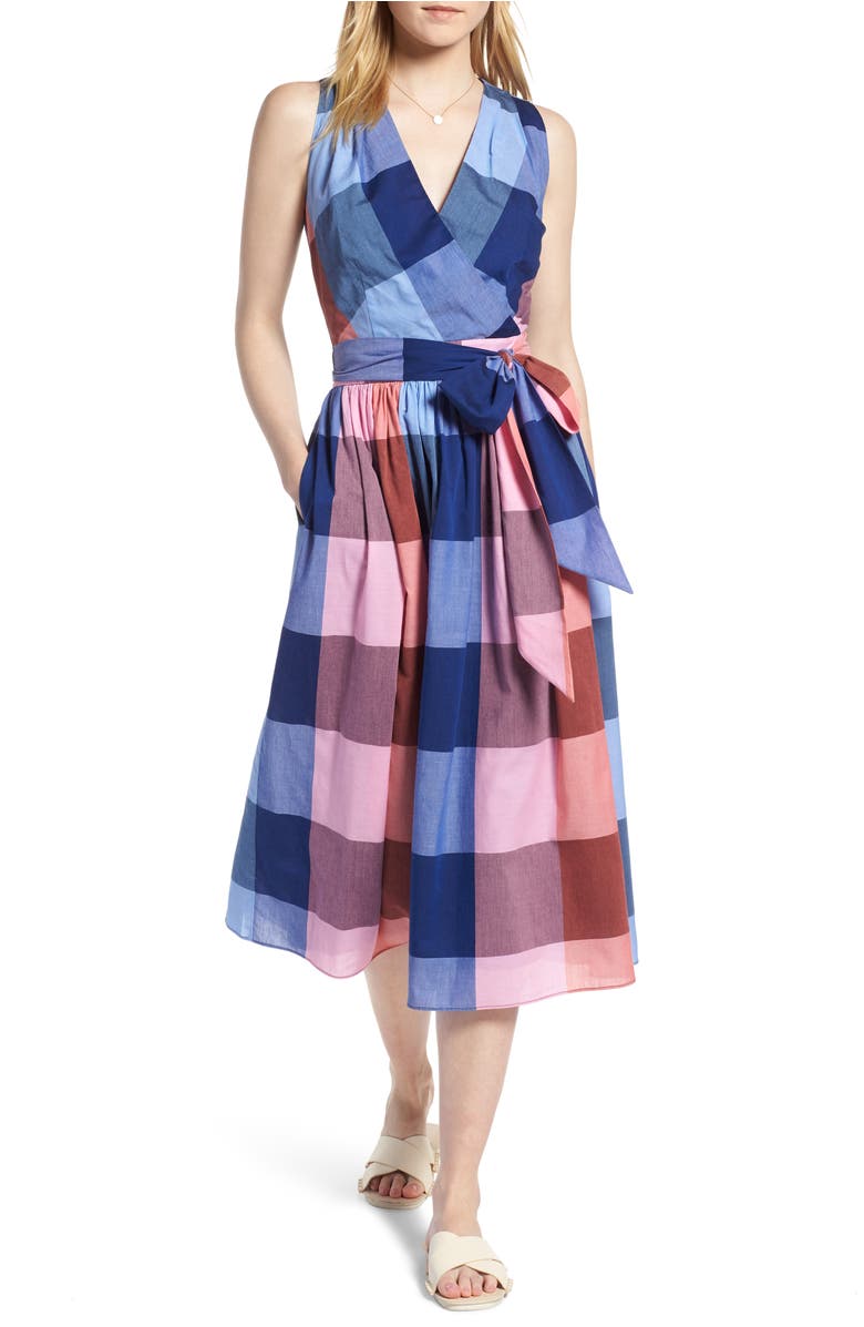 Plaid Cotton Wrap Style Dress,
                        Main,
                        color, Pink- Blue Plaid