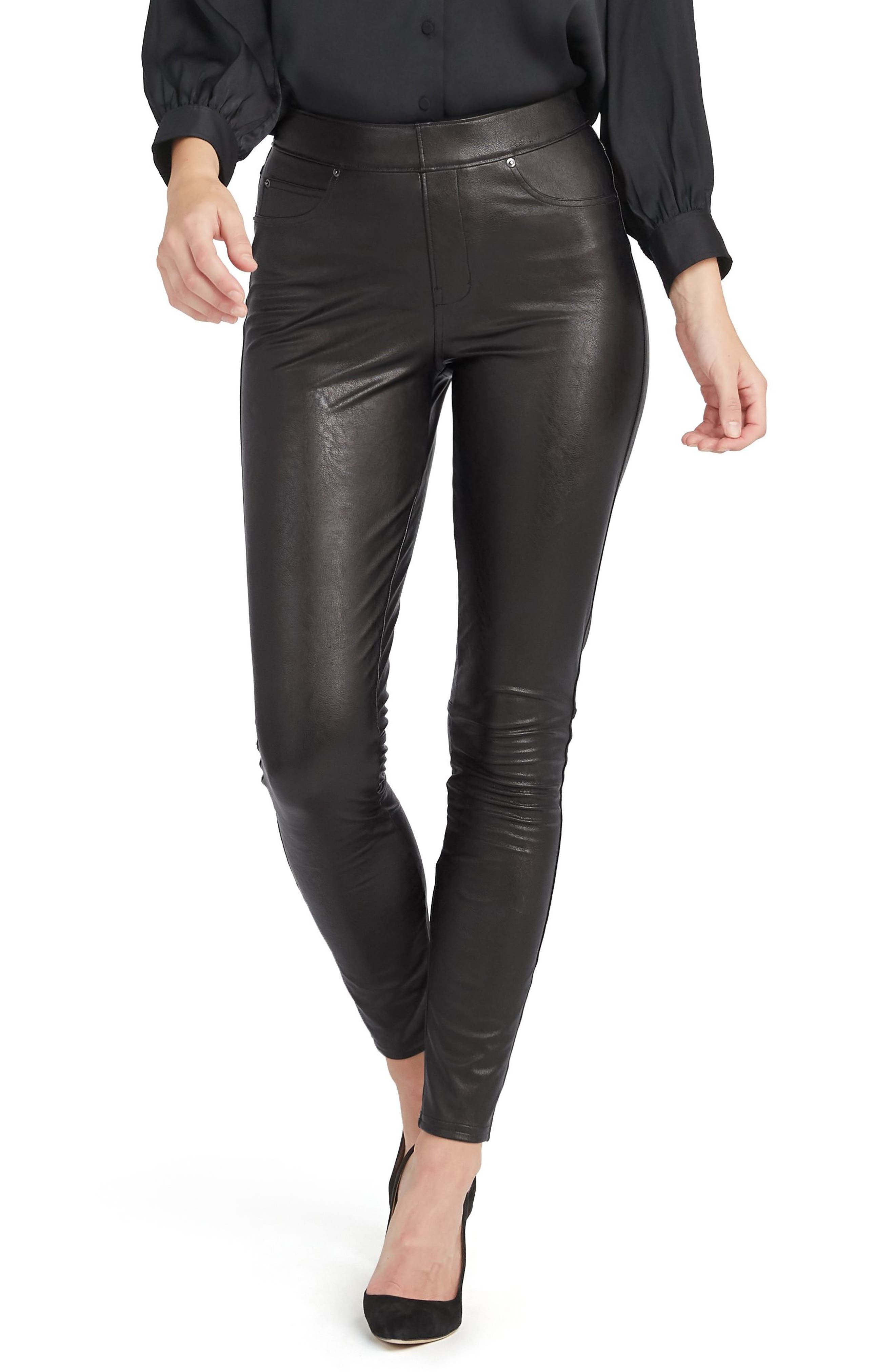 womens black faux leather trousers