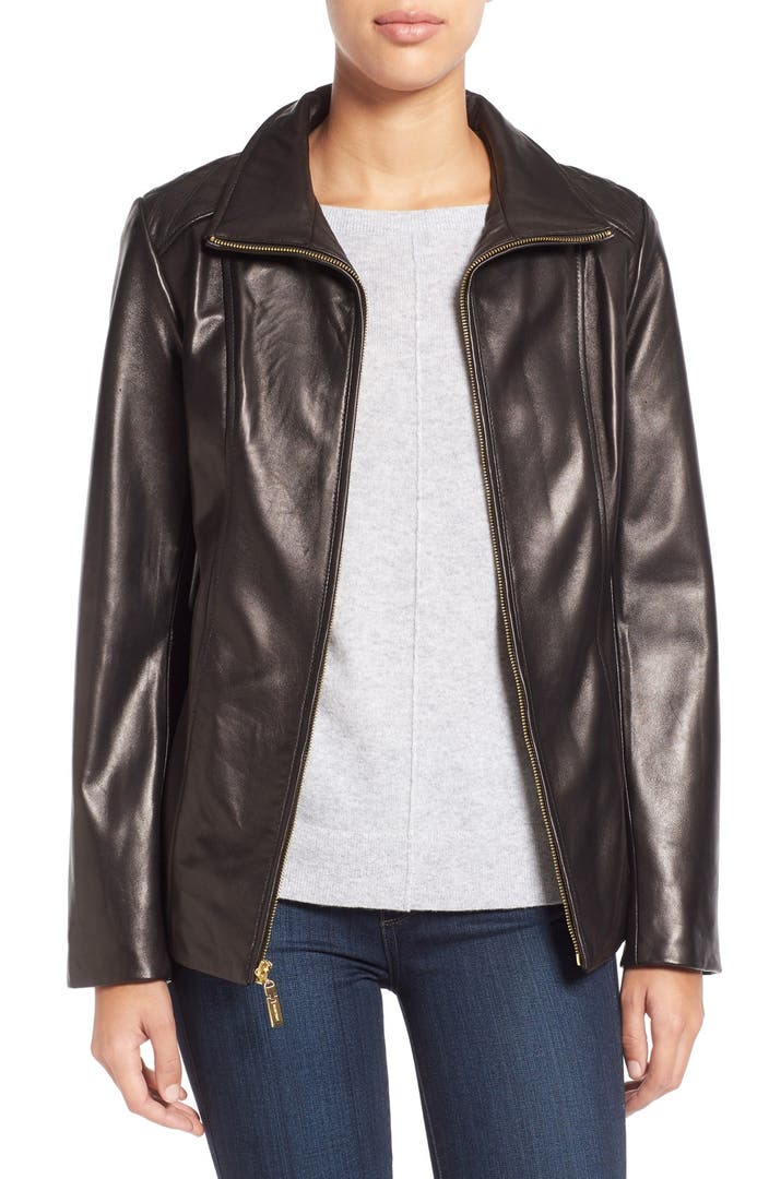 Ellen Tracy Stand Collar Leather Jacket | Nordstrom