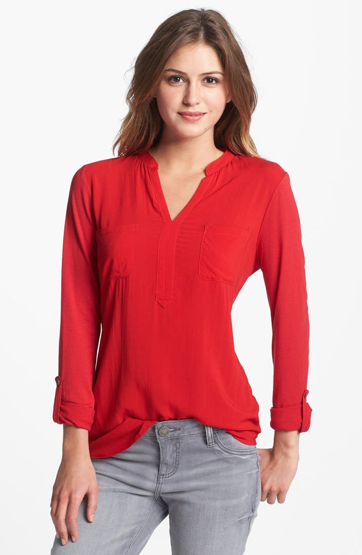 Two by Vince Camuto Split Neck Mixed Media Top | Nordstrom