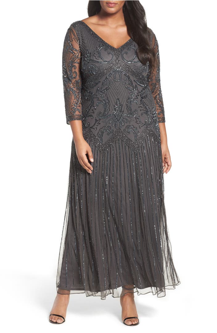 Pisarro Nights Embellished Double V-Neck Long Dress (Plus Size) | Nordstrom