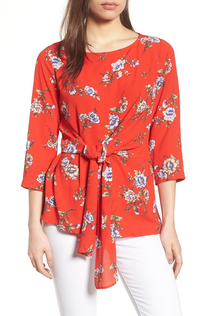 Tie Front Crepe Top,
                        Main,
                        color, Red Blue Floral