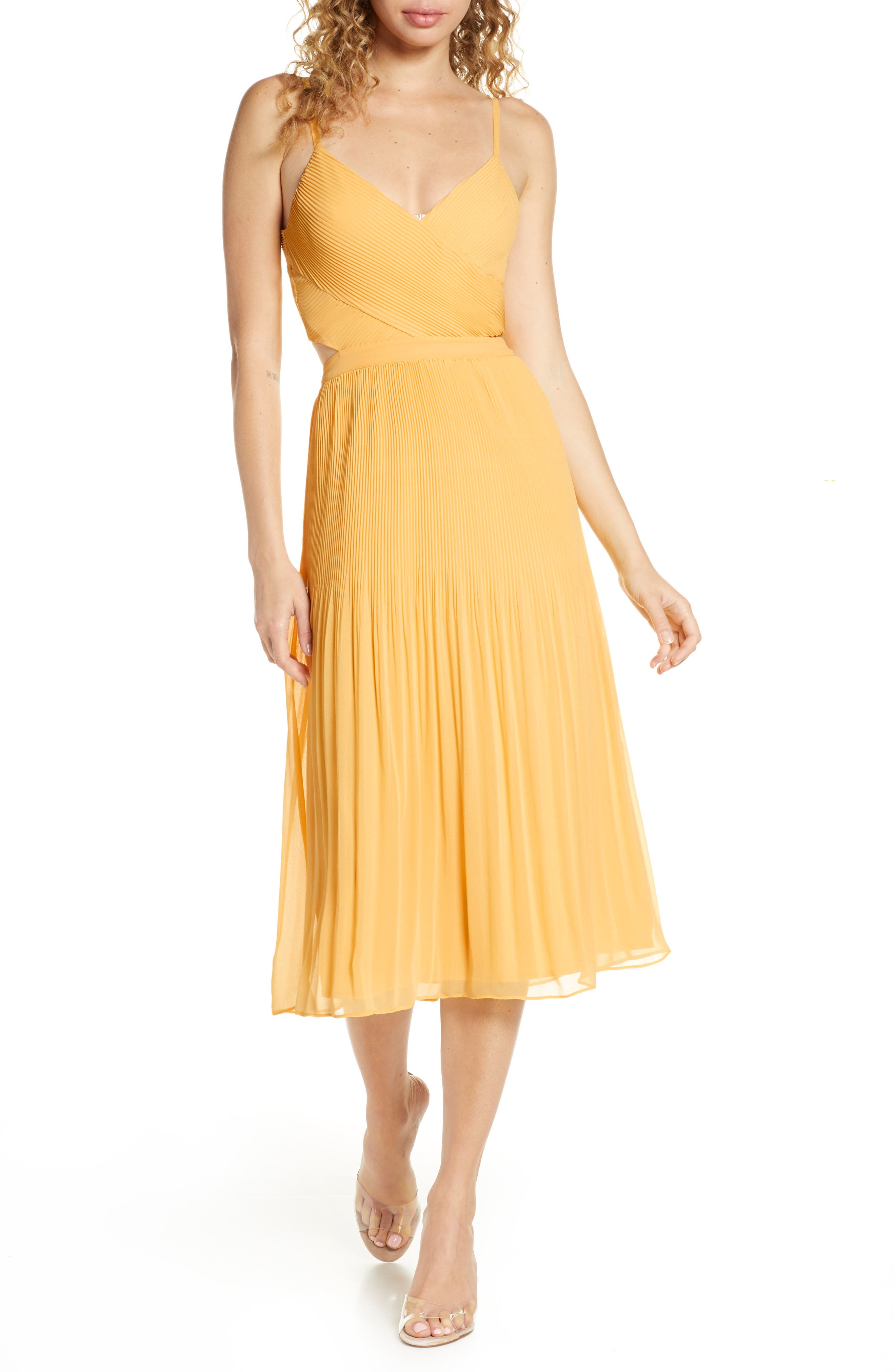 yellow chiffon midi dress