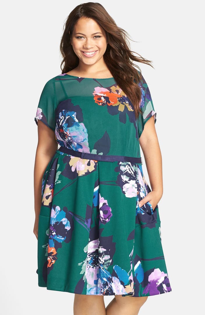 Taylor Dresses Floral Print Belted Chiffon & Scuba Knit Dress (Plus ...