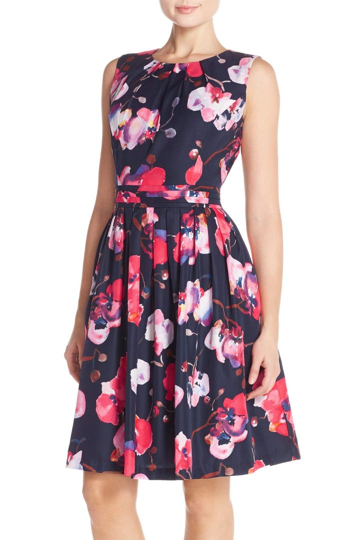 Ellen Tracy Pleat Floral Twill Fit & Flare Dress | Nordstrom