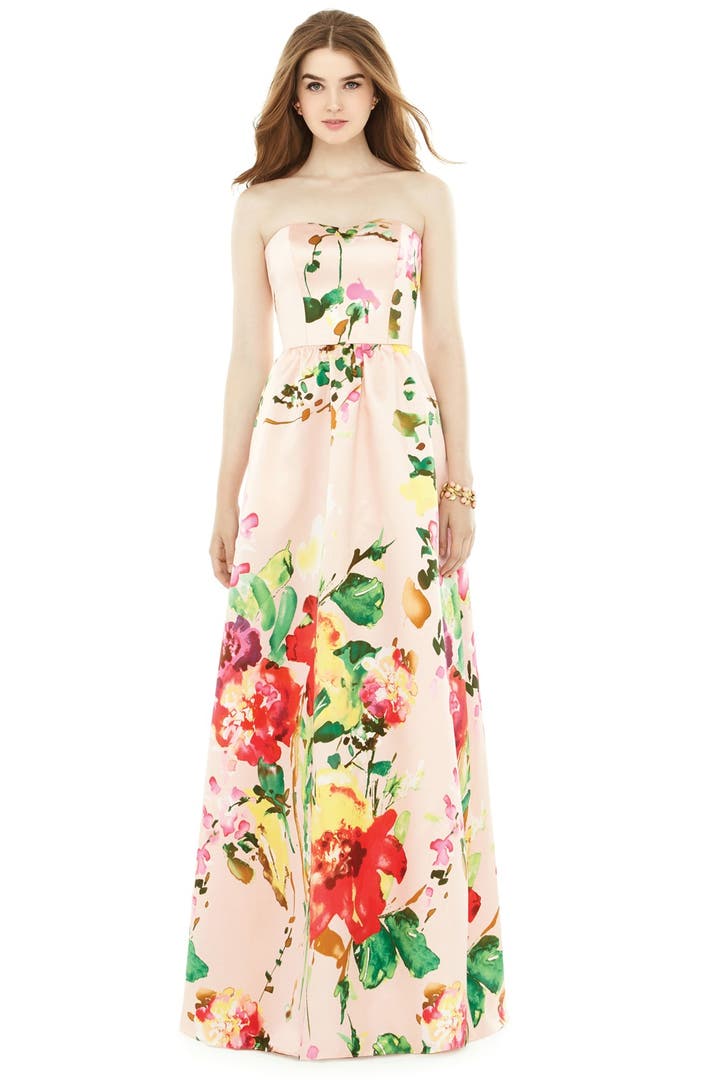 Alfred Sung Watercolor Floral Strapless Sateen A-Line Gown | Nordstrom