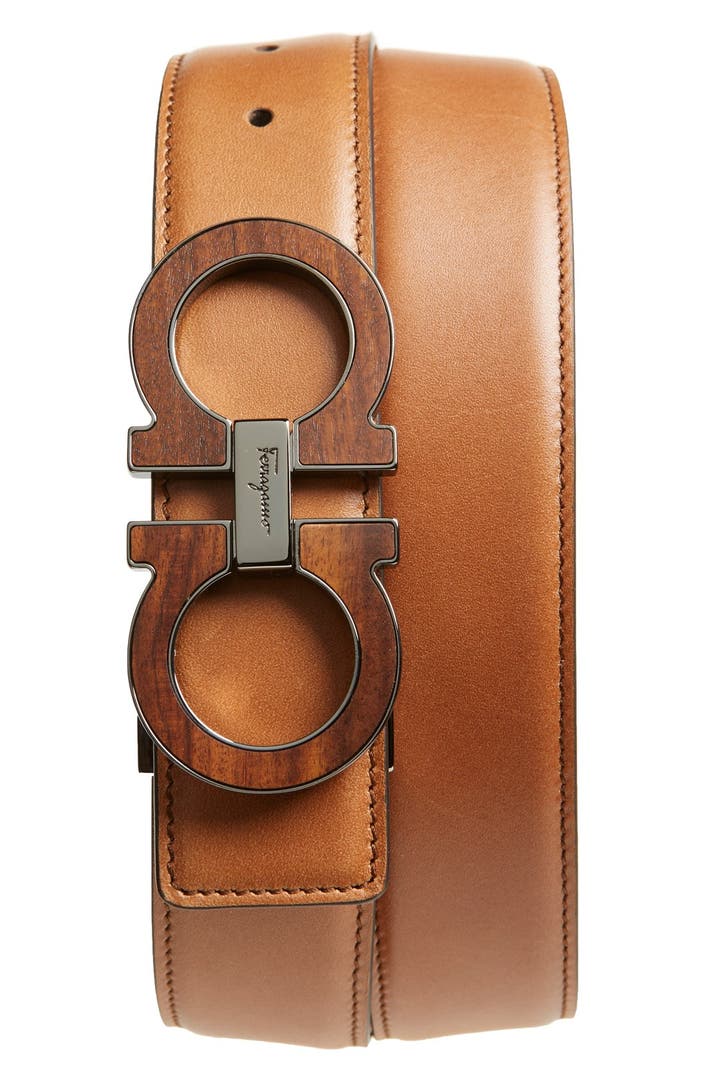 Salvatore Ferragamo Wood Inlay Double Gancio Leather Belt | Nordstrom