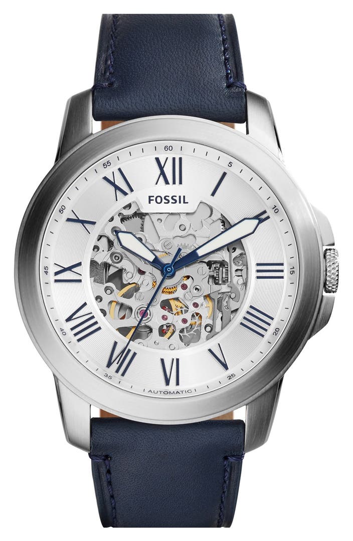 Fossil 'Grant' Automatic Leather Strap Watch, 44mm | Nordstrom