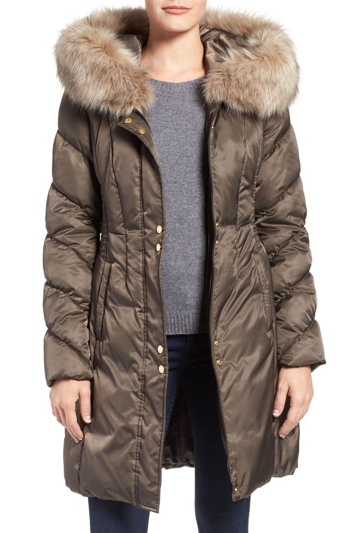 Via Spiga Water Repellent Quilted Puffer Coat with Faux Fur Trim ...