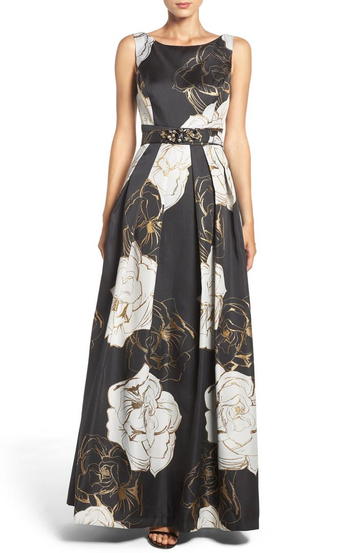 Eliza J Belted Metallic Jacquard Gown (Regular & Petite) | Nordstrom