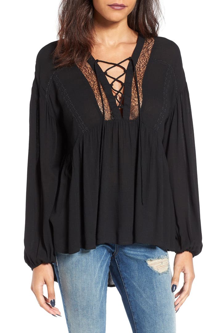 Lush Lace-Up Babydoll Blouse | Nordstrom