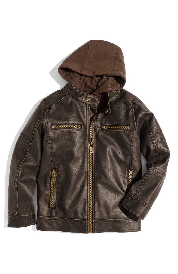 Black Rivet Hooded Faux Leather Jacket (Little Boys) | Nordstrom