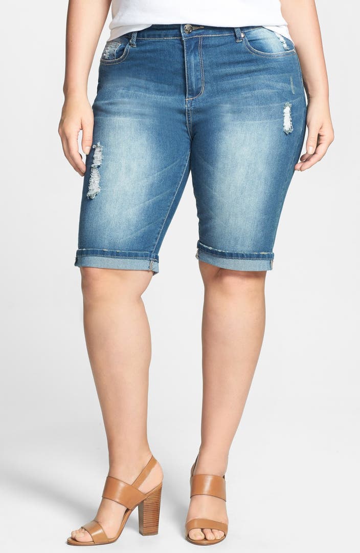 City Chic Roll Cuff Distressed Denim Bermuda Shorts (Plus Size) | Nordstrom