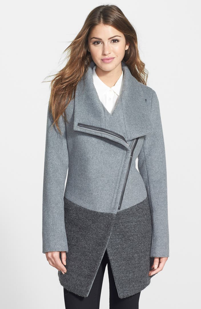Calvin Klein Colorblock Asymmetrical Zip Wool Blend Coat | Nordstrom