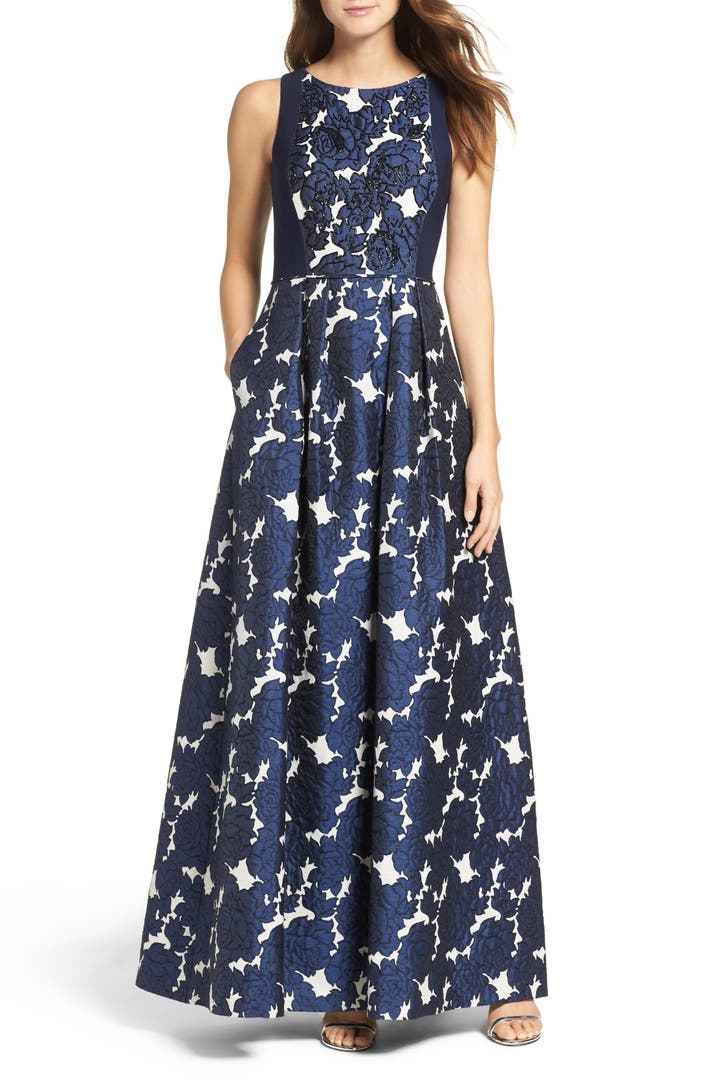 Adrianna Papell Embellished Jacquard & Jersey Ballgown | Nordstrom