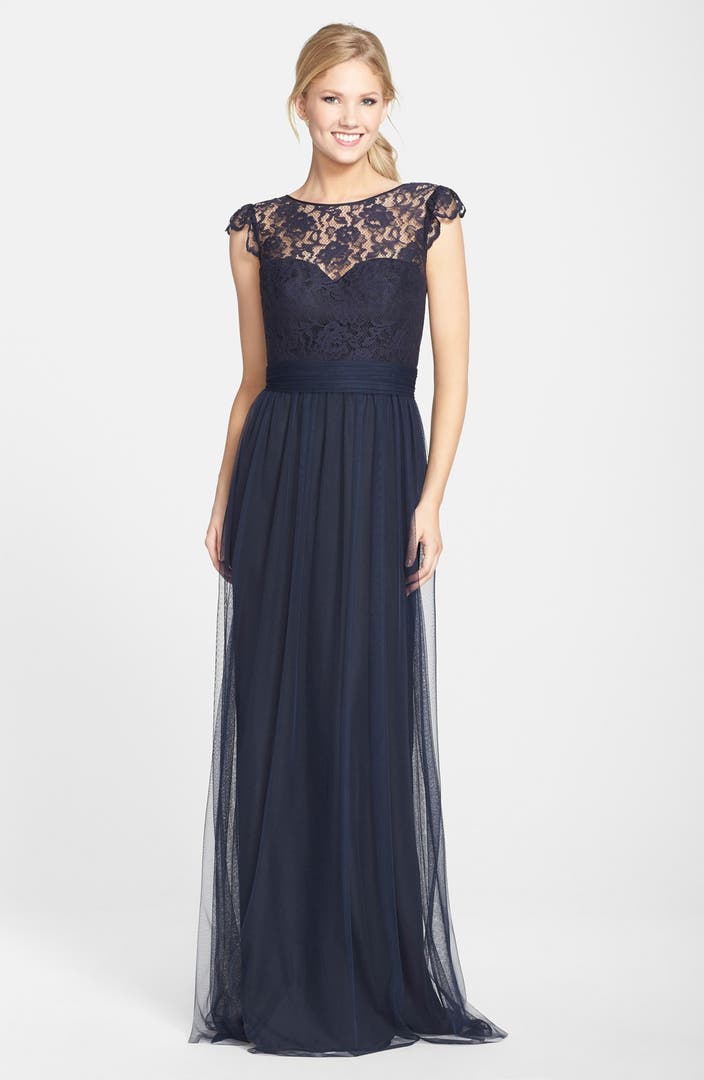 Amsale Lace & Tulle Cap Sleeve Gown | Nordstrom