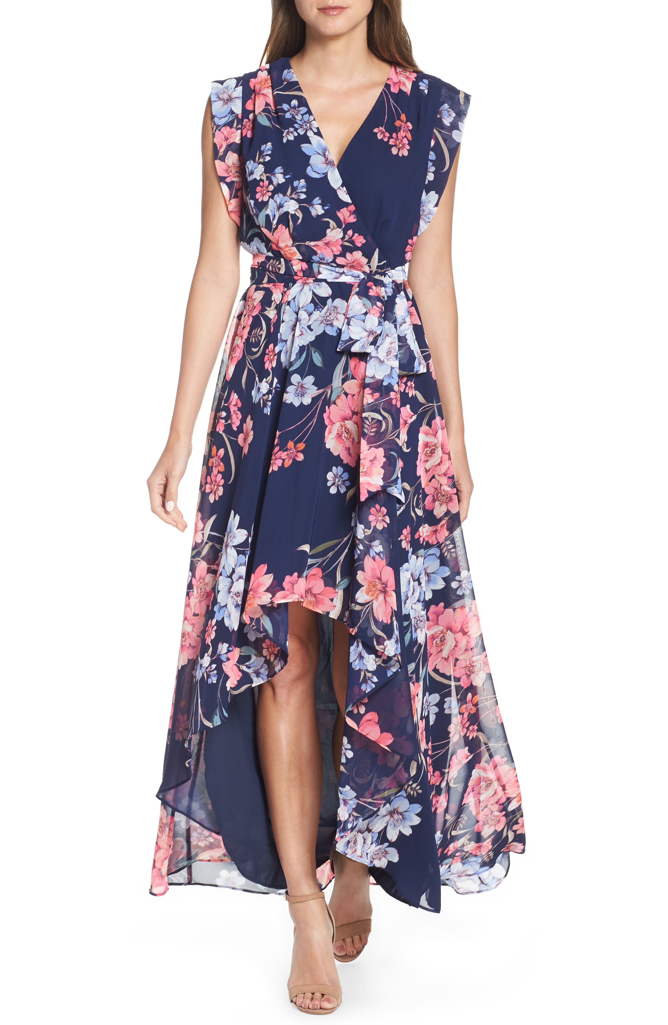 eliza j floral ruffle midi dress