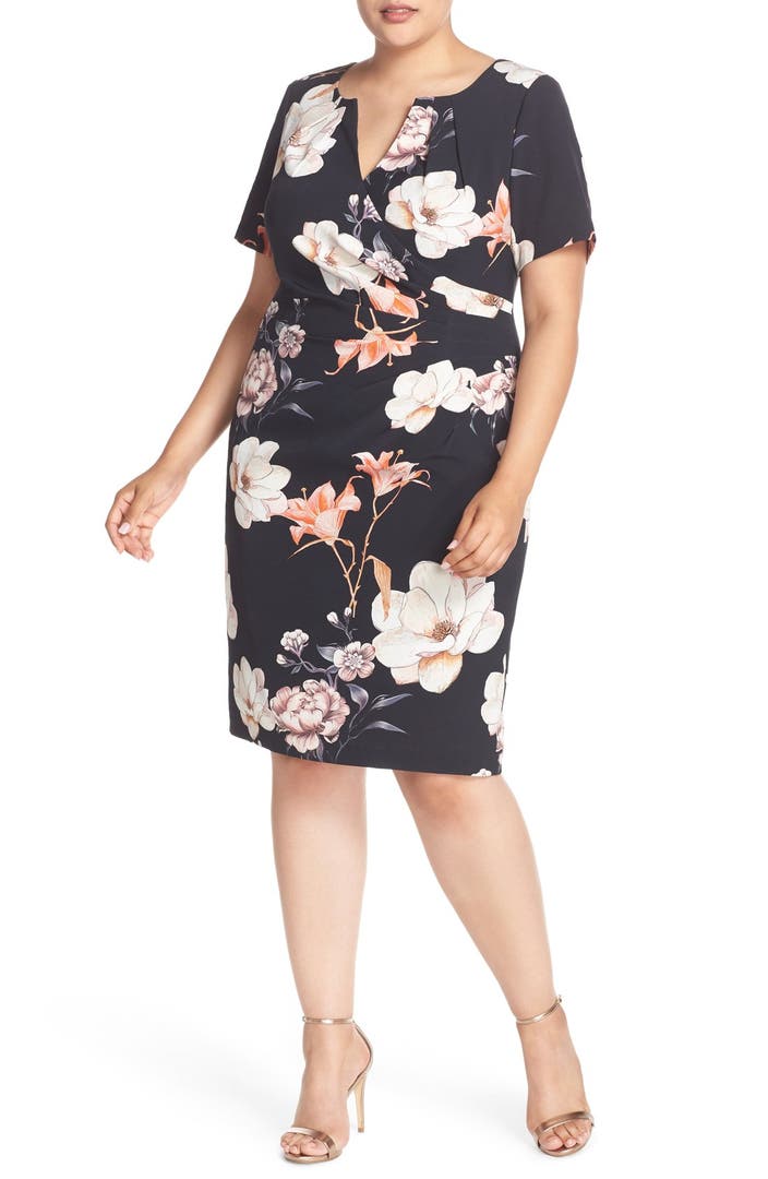 Adrianna Papell Side Pleat Floral Print Sheath Dress (Plus Size ...