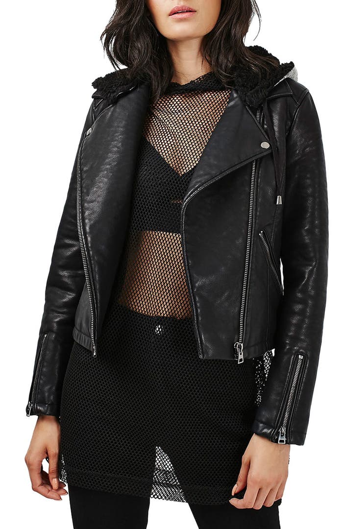 Maggie Faux Leather Moto Jacket with Faux Fur