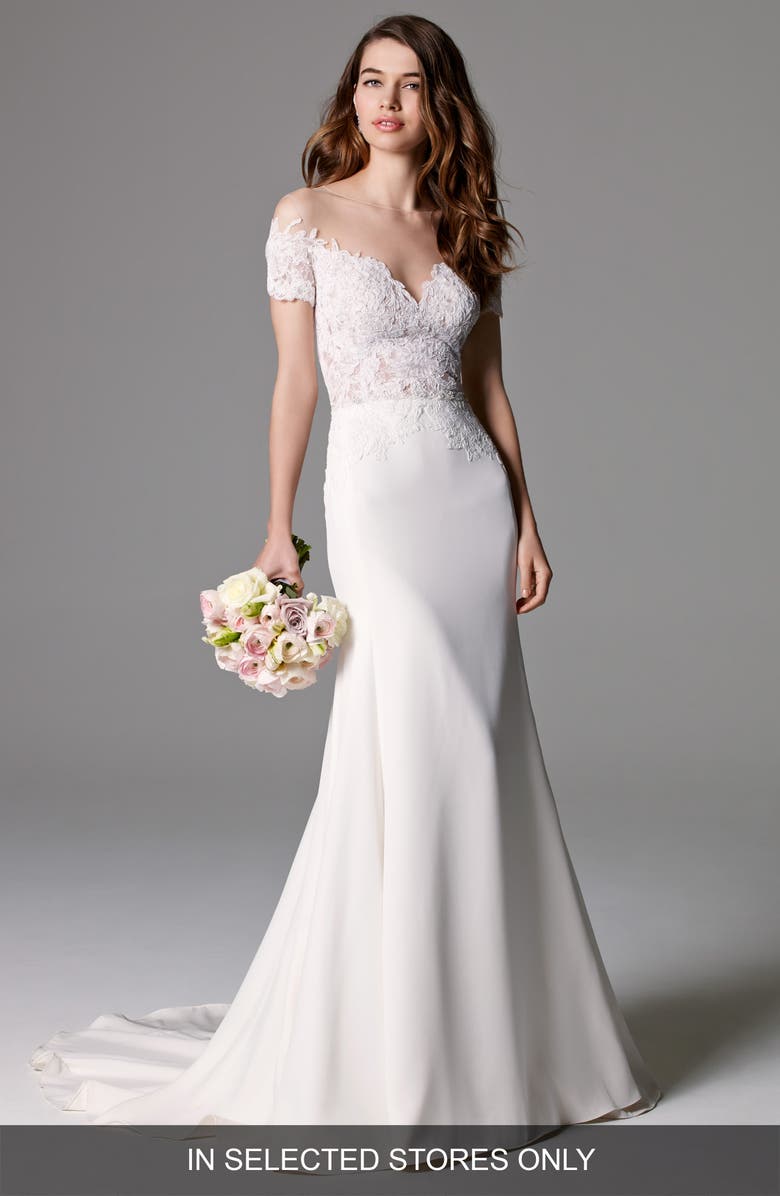 Watters Seaton Illusion Off-the-Shoulder Lace & Georgette Trumpet Gown ...