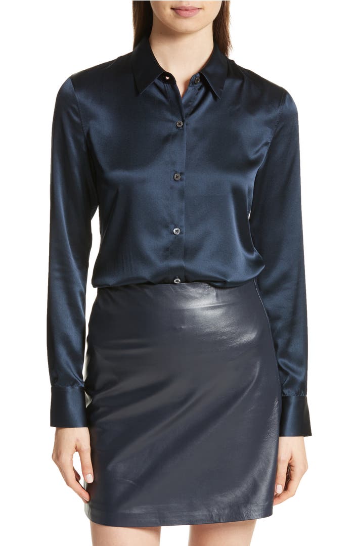 Theory Perfect Fitted Stretch Satin Shirt | Nordstrom