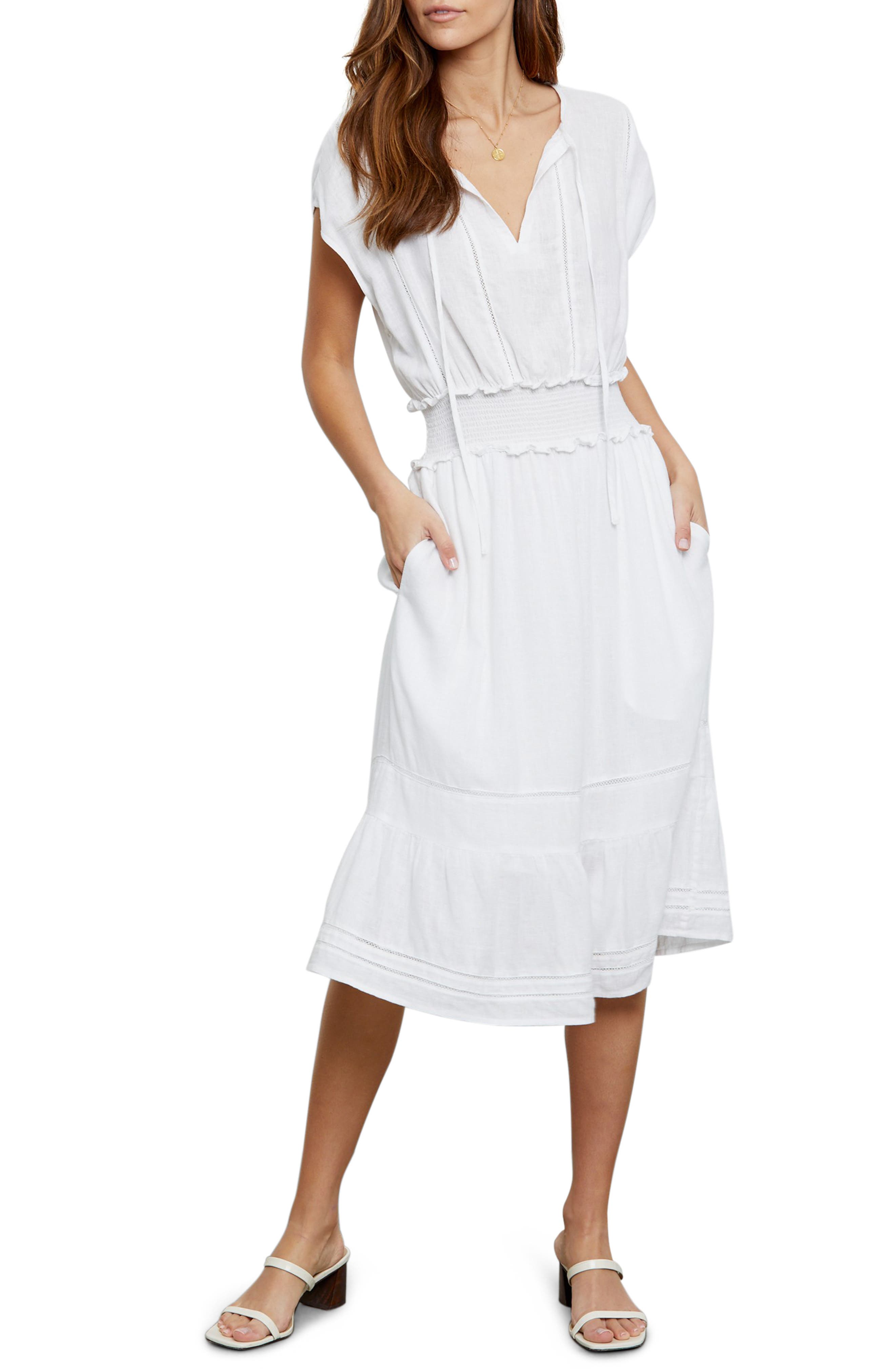 trimmed in Blue satin Off-White Linen Blend Dress with Lower back