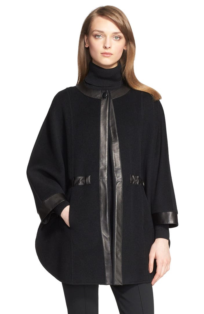 St. John Collection Leather Trim Double Face Wool Blend Cape | Nordstrom