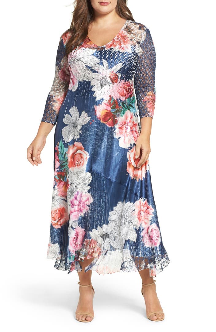 Komarov Floral Charmeuse & Chiffon Dress (Plus Size) | Nordstrom
