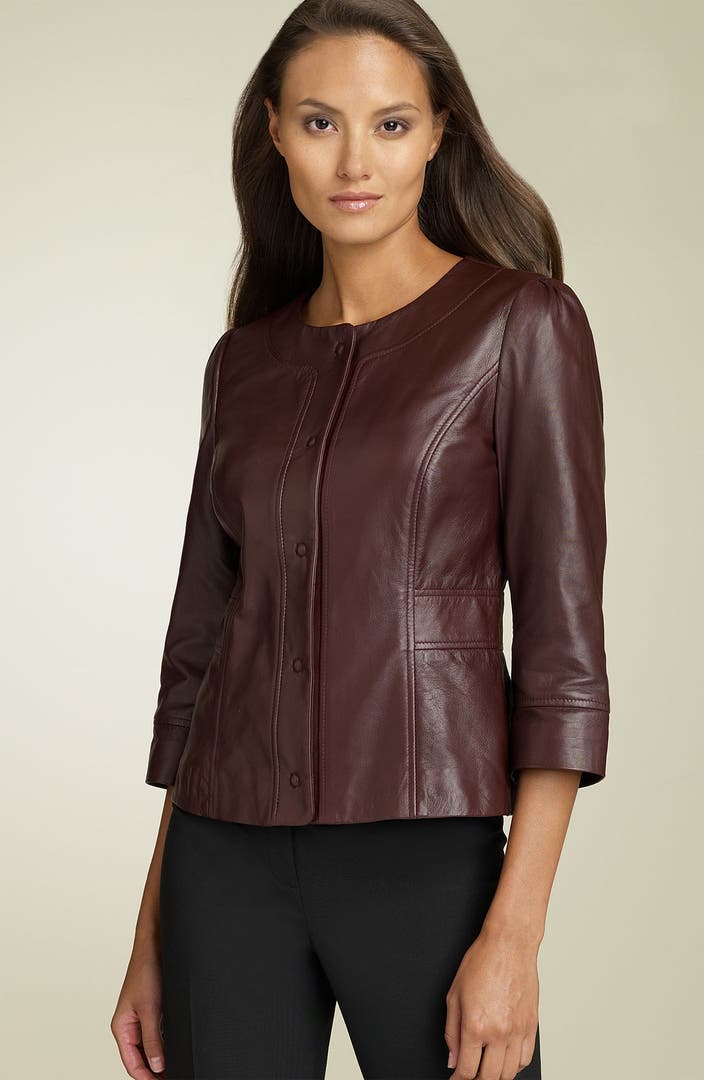 Semantiks Jewel Neck Leather Jacket (Petite) | Nordstrom