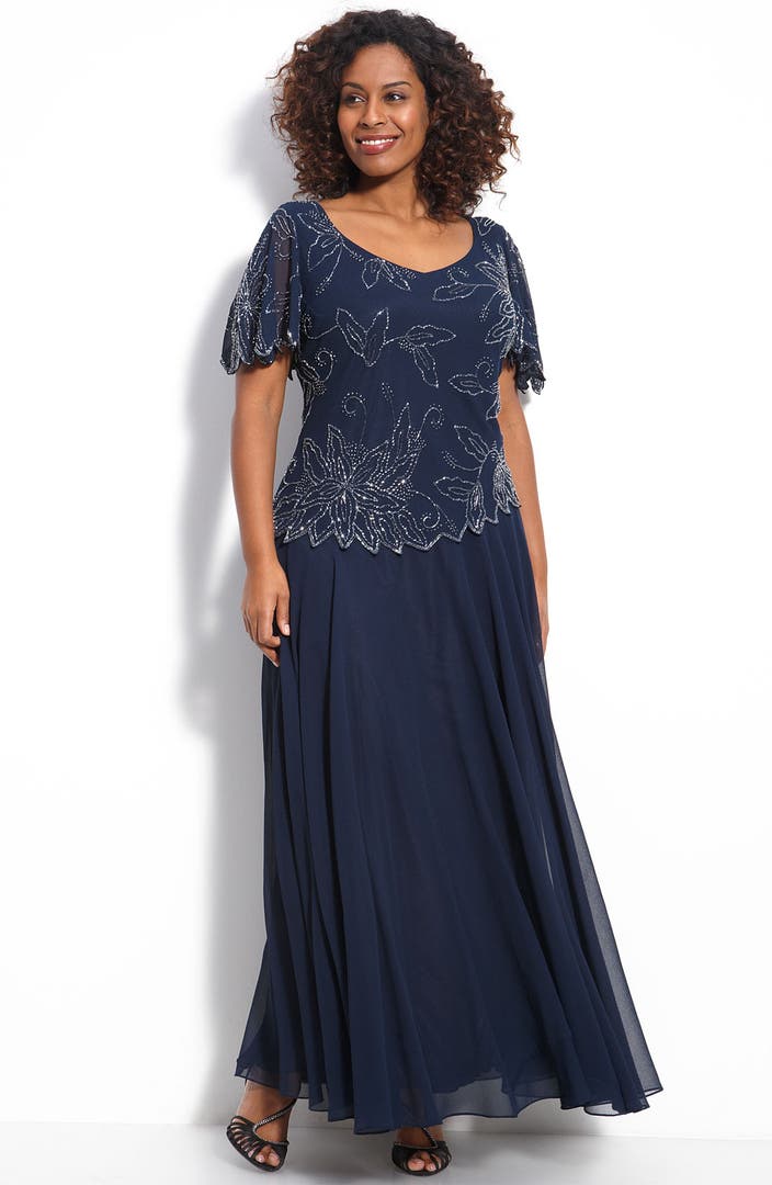 J Kara Floral Beaded Mock Two-Piece Chiffon Gown (Plus Size) | Nordstrom