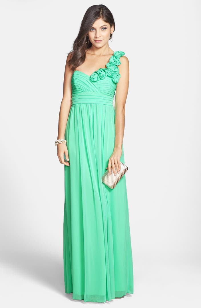 Way-In Rosette Strap One-Shoulder Gown (Juniors) (Online Only) | Nordstrom