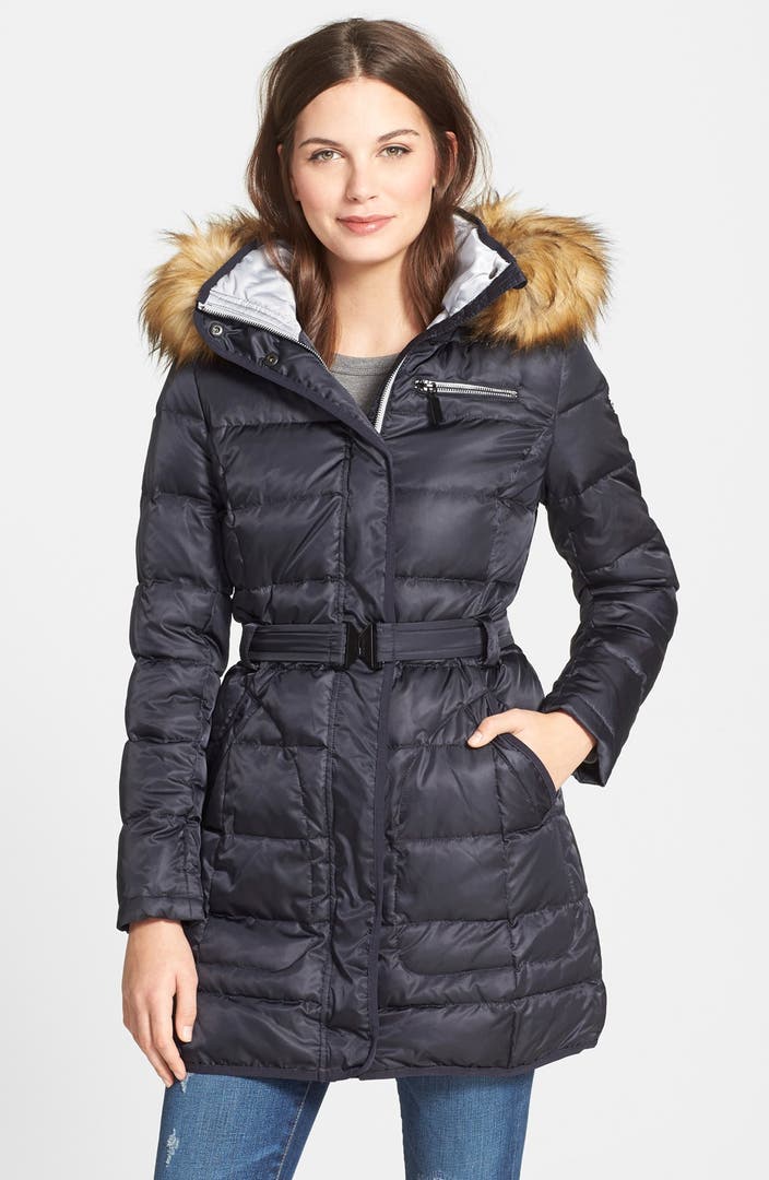 Vince Camuto Faux Fur Trim Hooded Belted Down & Feather Fill Coat ...